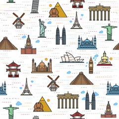 Seamless color pattern of the attractions of the world, outline drawing for your application. The most famous place for travel © vikpit74