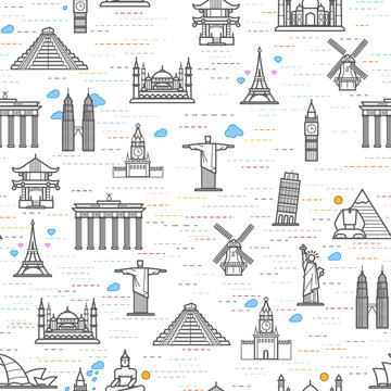 Seamless pattern of the attractions of the world, outline drawing for your application. The most famous place for travel