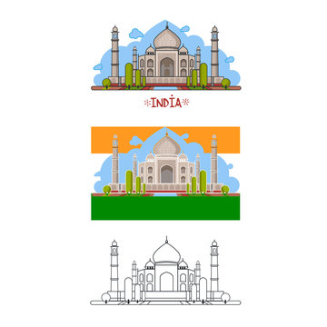 Indian palace in different ways. Colour, without contour, lines only. Vector illustration.  Isolated objects on a white background.