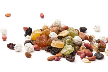 mixed dried fruit, nuts and seeds, raisins, peanuts, papaya