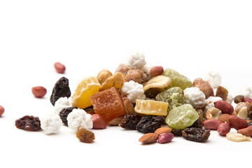 mixed nuts and dried fruit on a white background