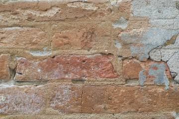 Background texture of old brown brick with cement residue