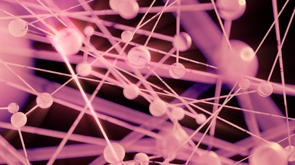 3D render of macro shot of an structure similar to molecules. Molecule structure consists  of little spheres or balls all connected with lines in a chain.