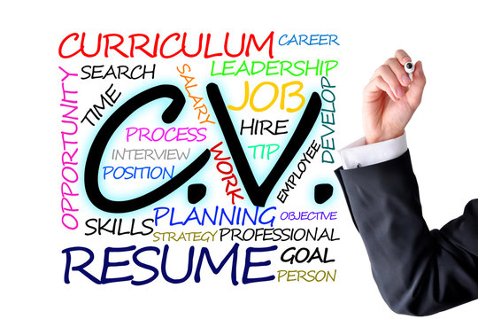 Curriculum vitae or resume text with human hand