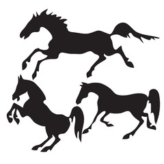 Hand drawn sketch set of horses silhouettes on white background.