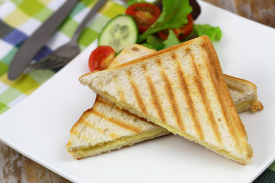 Toast with cheese and green salad, closeup
