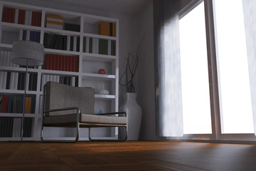 3 D render of library room with nice leather chair and a lamp.