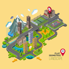 Flat vector landscape with a parks,buildings,seating area, sports grounds, picture of the nature and landscape of mountains and lakes, road junction GPS navigation infographic 3d isometric concept.