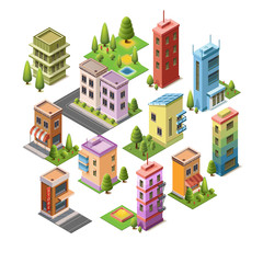 Isometric concept buildings, house, hotel, shop, roads, and parks. Set vector icons landmarks. Isolated building for your design. 3D flat vector.