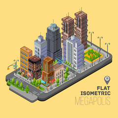 Isometric city, megapolis concept with 3d office buildings, cafes, store, skyscraper, street, lights, traffic lights and signs. Vector urban landscape illustration.
