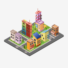 Isometric skyscrapers and office buildings, houses, roads, and parks. Set vector isometrics landmarks. Isolated buildings for your design. Flat vector.