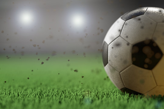 3 D render of soccer ball on a soccer field grass.
