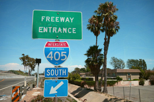 Aged And Worn Vintage Photo Of Southern California Freeway Sign