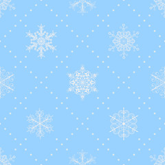 Fototapeta na wymiar Seamless pattern of snowflakes, white on light blue