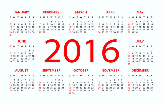 2016 Calendar - illustration. Vector template of 2016 calendar.