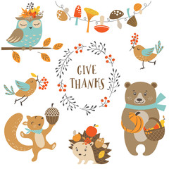 Set of cute woodland animals for autumn and Thanksgiving design.