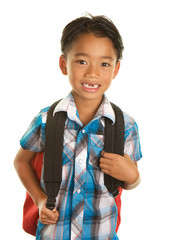 Cute Filipino Boy on a White Background wearing jobs backpack for school