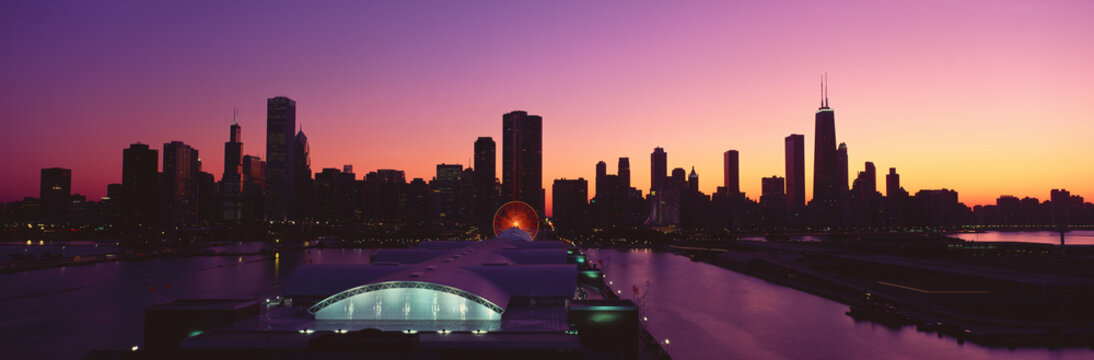 Panoramic View Of Navy Pier And Chicago Skyline At Sunset, Chicago, IL