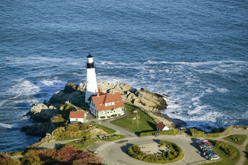 Fototapeta na wymiar Aerial view of Portland Head Lighthouse, Cape Elizabeth, Maine