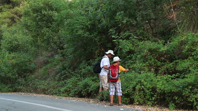 Father and son walking in nature