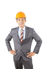 Portrait of young architect standing isolated on white background