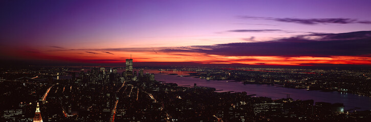 Panoramic view of Empire State Building, World Trade Center, Hudson River, Manhattan, NY and New Jersey