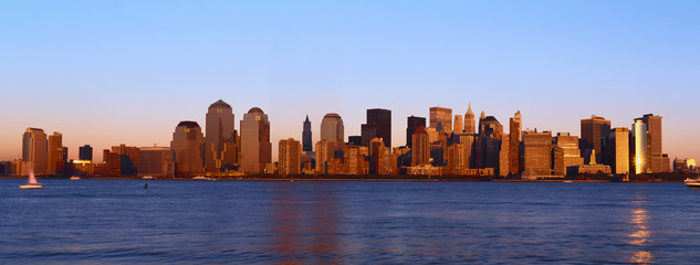 Panoramic view of lower Manhattan and Hudson River, New York City skyline at sunset