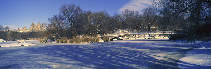 Panoramic view of bridge over frozen pond in Central Park, Manhattan, NY on upper west side near Central Park West