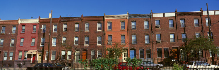 Panoramic morning view of red brick row houses of Philadelphia, PA