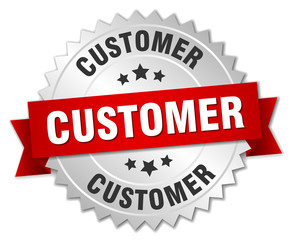 customer 3d silver badge with red ribbon