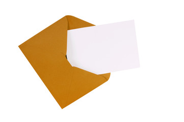 Brown manila envelope with blank white invite invitation thank you or greeting card isolated on white background photo