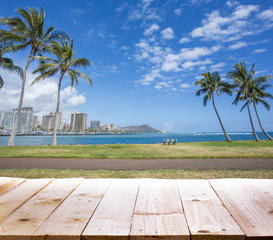Wood table with Diamond head mountain background, Honolulu Hawai