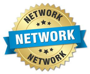network 3d gold badge with blue ribbon