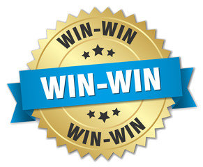 win-win 3d gold badge with blue ribbon