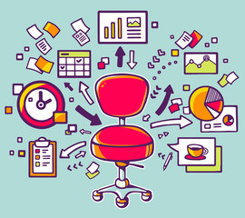 Vector illustration of red office chair with documents and finan - obrazy, fototapety, plakaty