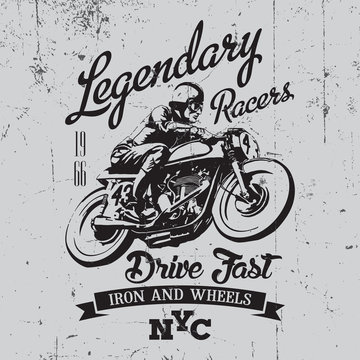 Legendary vintage racers t-shirt label design with racer and motorcycle hand drawn ilustration on dusty background