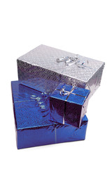 Blue Christmas gift boxes on white background