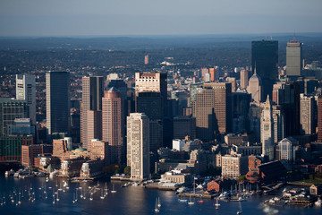 AERIAL morning view of Boston Skyline and Financial District and Wharf area, Boston, MA.