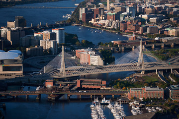 AERIAL of Boston Harbor area focusing on Leonard P. Zakim Bunker Hill Memorial Bridge, Boston, MA.
