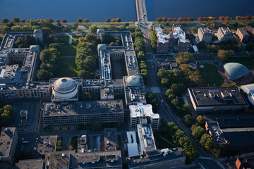 AERIAL VIEW of MIT and Harvard Bridge, also known as M.I.T. Bridge, from Back Bay, Boston to Cambridge across the Charles River.