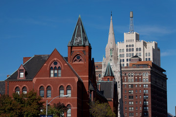 Skyline and church on Grand Avenue, St. Louis, Mo..