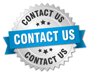 contact us 3d silver badge with blue ribbon
