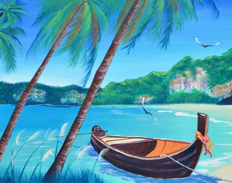 row boat on the beach oil painting on canvas