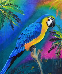 macaw on wooden log oil painting on canvas