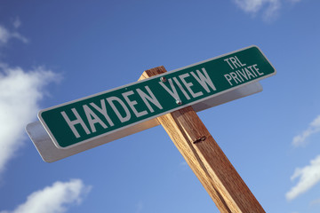 Hayden View road sign on Hastings Mesa, near Ridgeway Colorado.