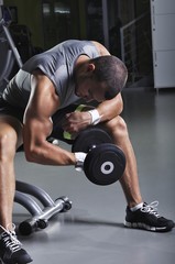 Fototapeta na wymiar Handsome Muscular Male Model in a Sitting Position Doing Biceps