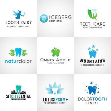Set of dental logos. Vector tooth designs. Bright teeth clinic