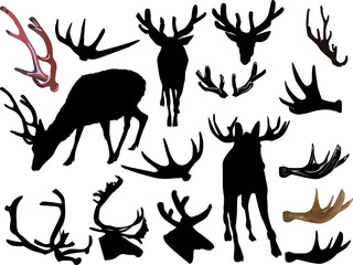 antler and deer silhouettes isolated on white