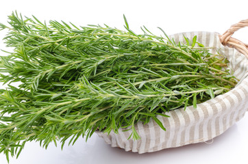Bunch of fresh rosemary in a basket