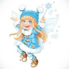 Cute little winter fairy girl in a blue coat with a Magic wand i